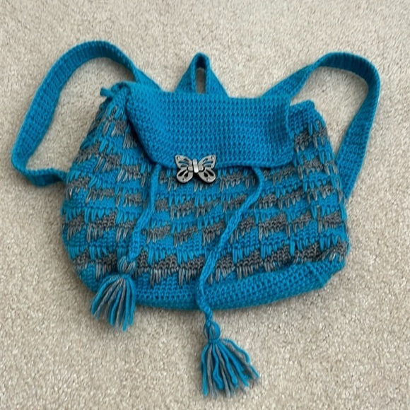 Crochet Backpack  Blue Gray Handmade Butterfly Accent Drawstring Bag Vintage‎ - Picture 1 of 8
